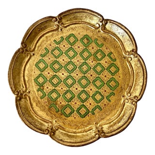Vintage Round Italian Florentine Scalloped Edge Tray For Sale