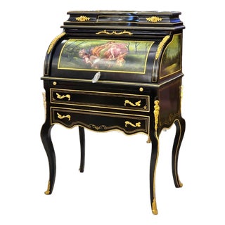Louis XV Roll Top Secretary Desk With Hand-Painted Mythological Scene, Marquetry Inlay & Bronze Accents For Sale