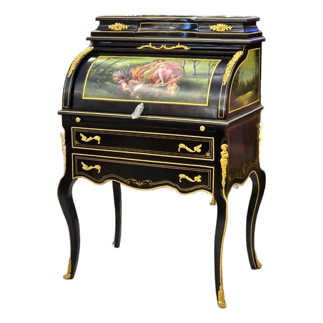 Louis XV Roll Top Secretary Desk With Hand-Painted Mythological Scene, Marquetry Inlay & Bronze Accents For Sale