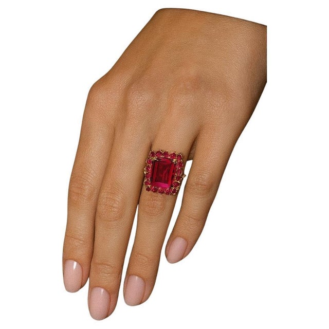 English Bochic “Orient” Vintage Ruby Center Cluster Cocktail Ring 18K Gold & Silver For Sale - Image 3 of 12
