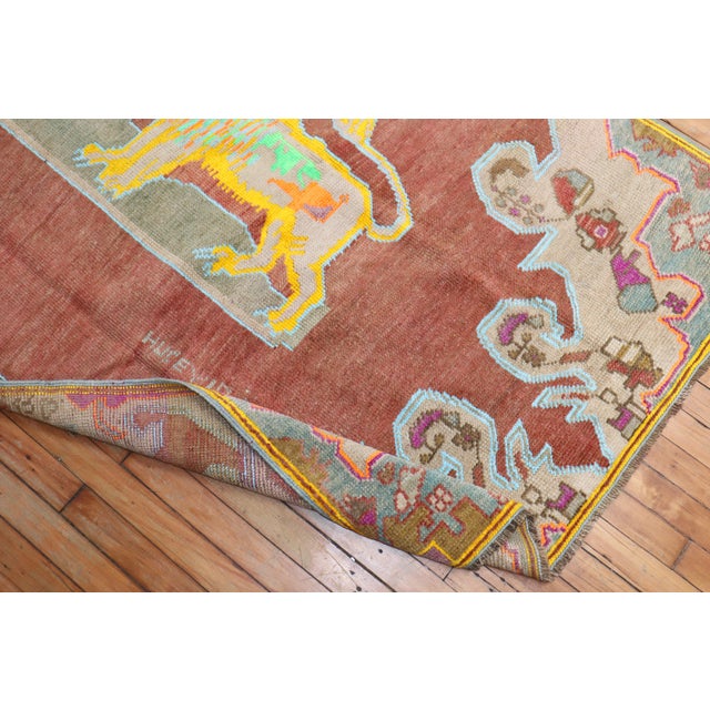 Red Mid 20th Century Colorful Lion Pictorial Turkish Accent Rug - 4' x 7'7" For Sale - Image 8 of 18