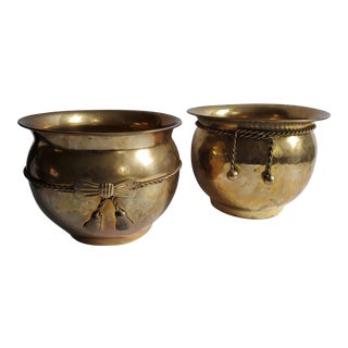 Vintage Brass Planters With Rope Tassel Detailing - a Pair For Sale