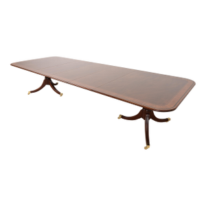 Baker Furniture Stately Homes Georgian Banded Mahogany Double Pedestal Extension Dining Table, Newly Refinished