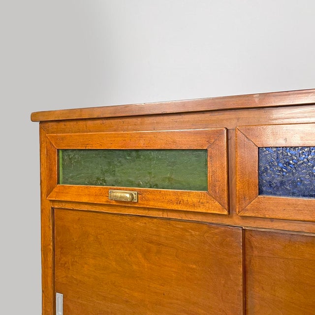 Italian Art Deco Wooden Sideboard with Green and Blue Stained Glass, 1930s For Sale - Image 11 of 18