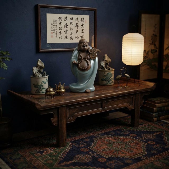 Joyful Laughing Buddha Light Celadon Robe Ceramic Coin Bat Ru Yi Figure For Sale - Image 11 of 13