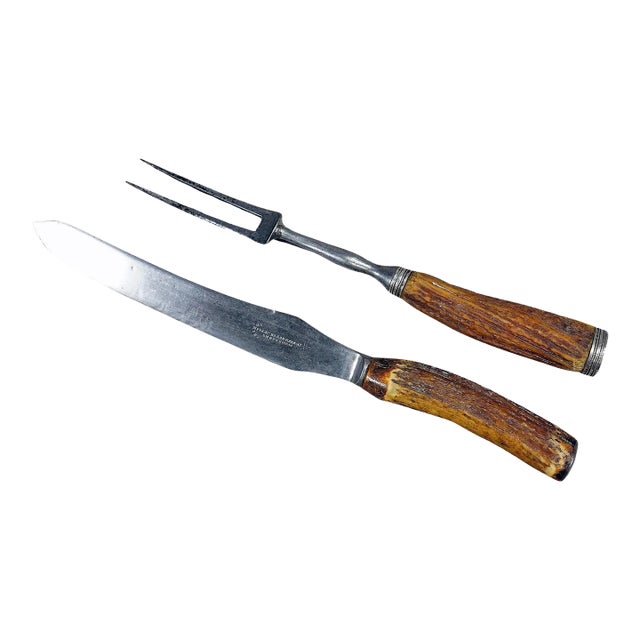 Antique Deer Horn Carving Set, Sheffield ca. 1900s - Set of 2 For Sale