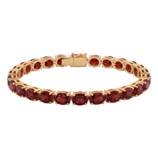 Natural Garnet Tennis Bracelet | Oval Red Gemstone Bracelet | 18k Gold Plated Silver January Birthstone Jewelry For Sale