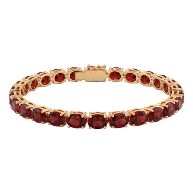 Natural Garnet Tennis Bracelet | Oval Red Gemstone Bracelet | 18k Gold Plated Silver January Birthstone Jewelry For Sale