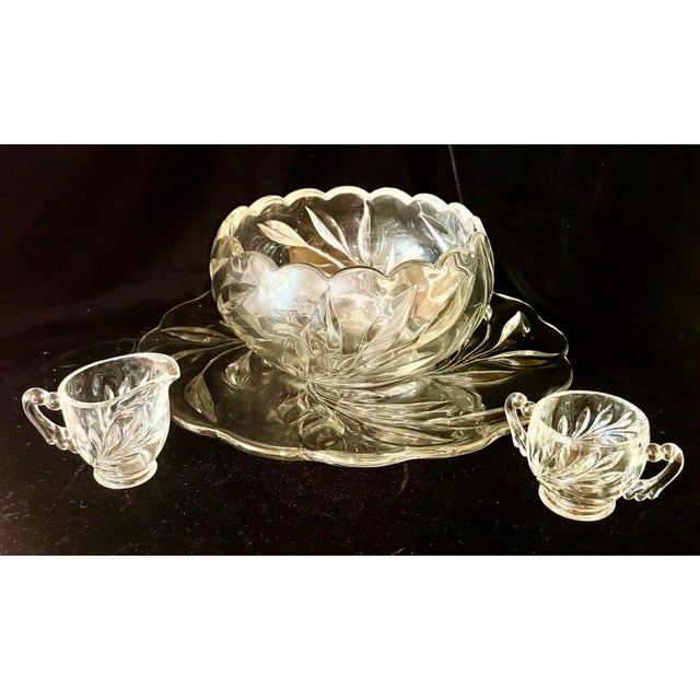 Mid 20th Century Indiana Glass Willow Punch Bowl Set With Cream and Sugar Set - Set of 4 For Sale - Image 10 of 12