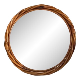 Vintage French Twisted Rattan Round Wall Mirror, 1970s For Sale