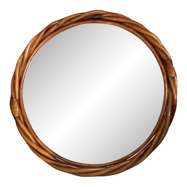 Vintage French Twisted Rattan Round Wall Mirror, 1970s For Sale