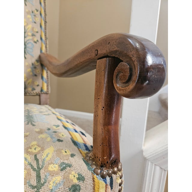 This beautiful George Smith Louis XIV style high-back chair is covered with a beautiful Brunschwig & Fils grosse pointe...