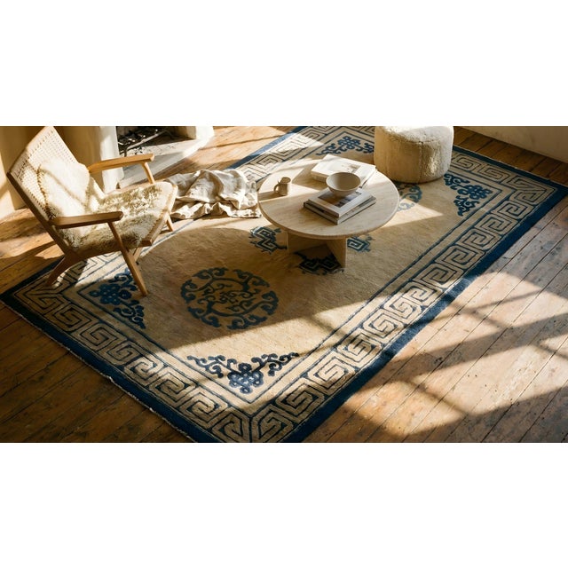 1890s Tan Camel Medallion Greek Key Antique Chinese Peking Carpet 4'2" X 6'8" Knotted Wool Rug For Sale - Image 10 of 12