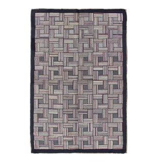 Checkerboard Antique American Hooked Rug With Geometric Designs For Sale