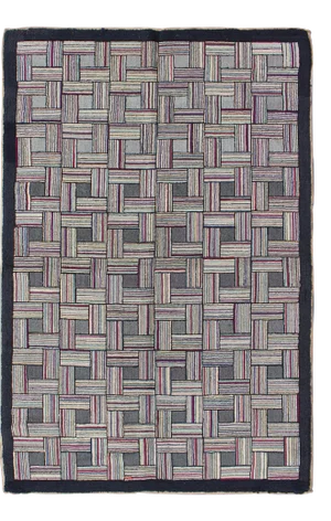 Checkerboard Antique American Hooked Rug With Geometric Designs