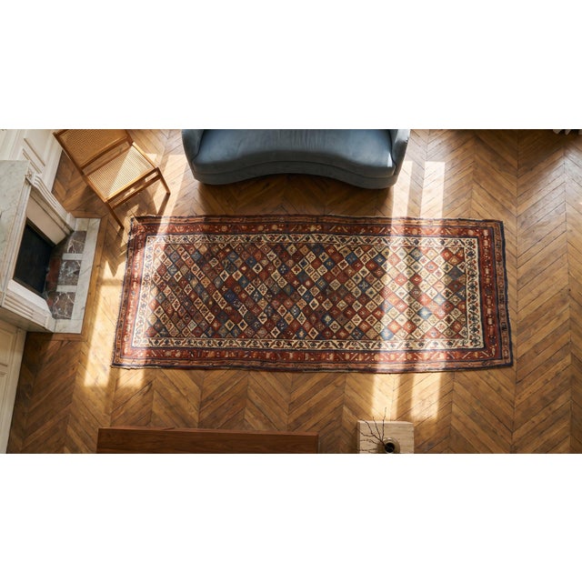 Textile 1890s Multicolor Geometric Tribal Antique Persian Kurdish Rug 3'6" X 10' Handknotted Wool Carpet For Sale - Image 7 of 7