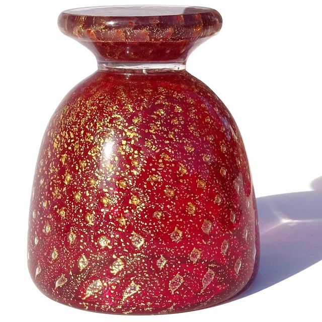 Vintage Murano Ruby Red Controlled Bubbles Gold Flecks Italian Art Glass Decorative Egg Cup Shape Object For Sale In Orlando - Image 6 of 7