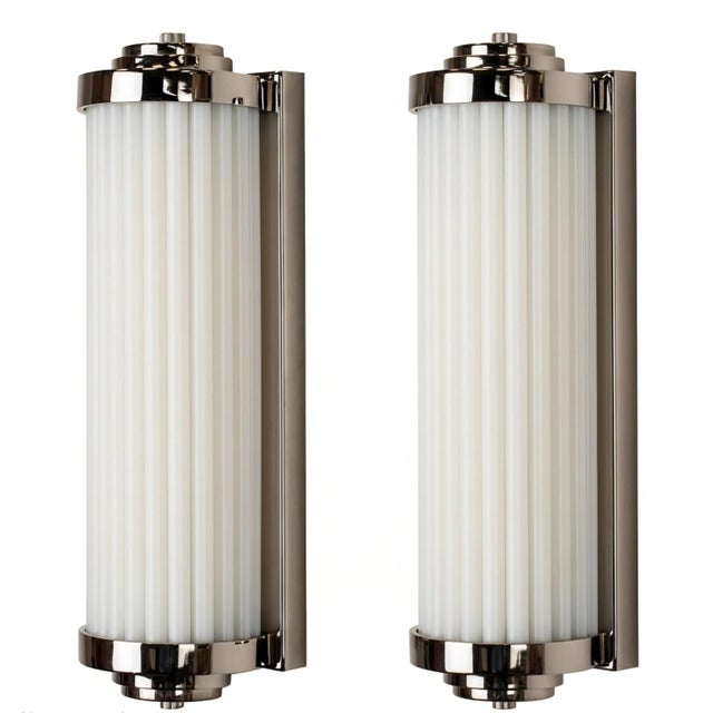 Vintage Art Deco Light Old Lamp Wall Sconces Fixture Nickel Brass & Milk Glass Rod Ship Light - Pair For Sale - Image 4 of 4