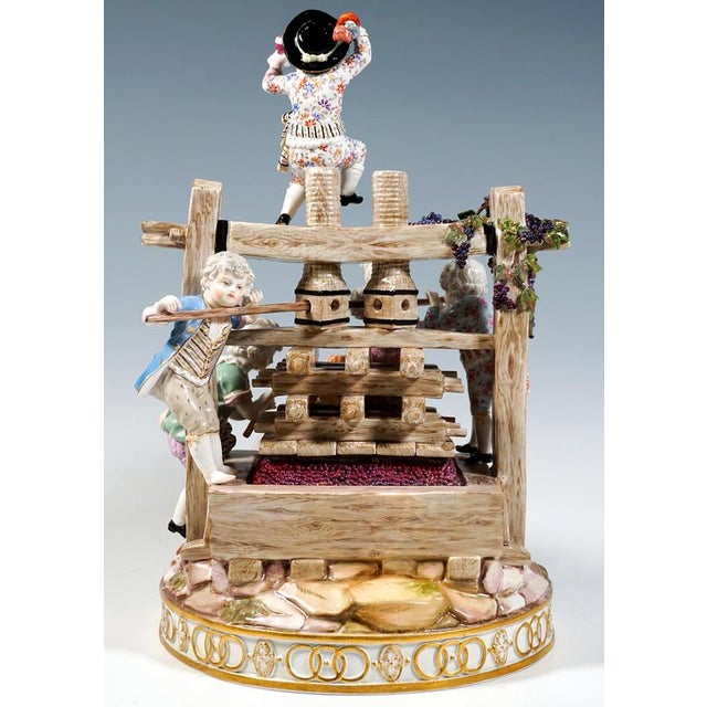 Baroque The Wine Press with 6 Winemaker Children Group by J.C. Schönheit for Meissen, 1850s For Sale - Image 3 of 9