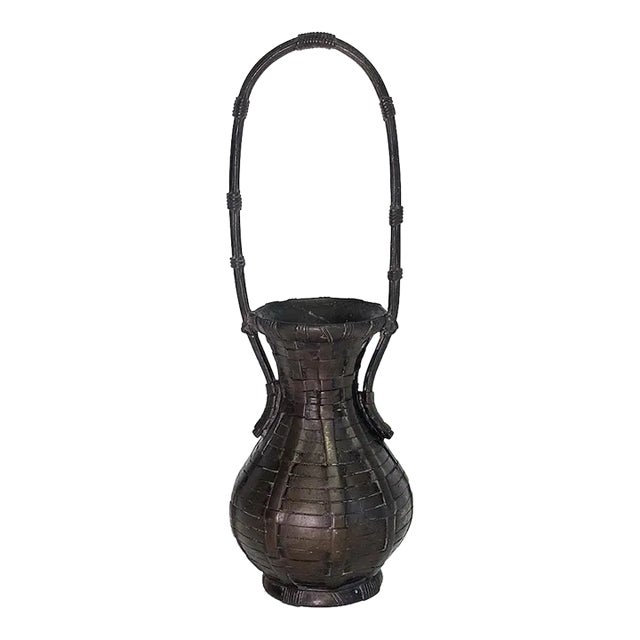 Antique Japanese Bronze 'Woven' Basket Form Ikebana Vase With Handle For Sale