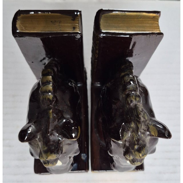 Vintage MCM Brown Gold Ceramic Hand Painted Horse Head Equestrian Decor Bookends Pair For Sale In Dallas - Image 6 of 7