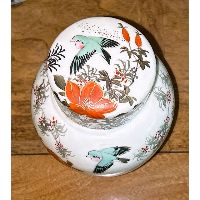 Ceramic Hand-Painted Lidded Porcelain Jar With Birds & Blossoms For Sale - Image 7 of 8