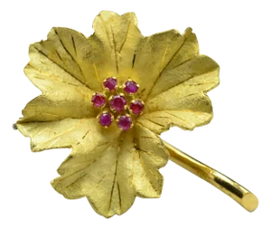 The Lyra: Vintage Signed 18 Karat Yellow Gold Floral Brooch set with Rubies