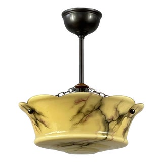 Art Deco Marbled Opaline & Brass Semi Flush Mount, Sweden, 1930s For Sale