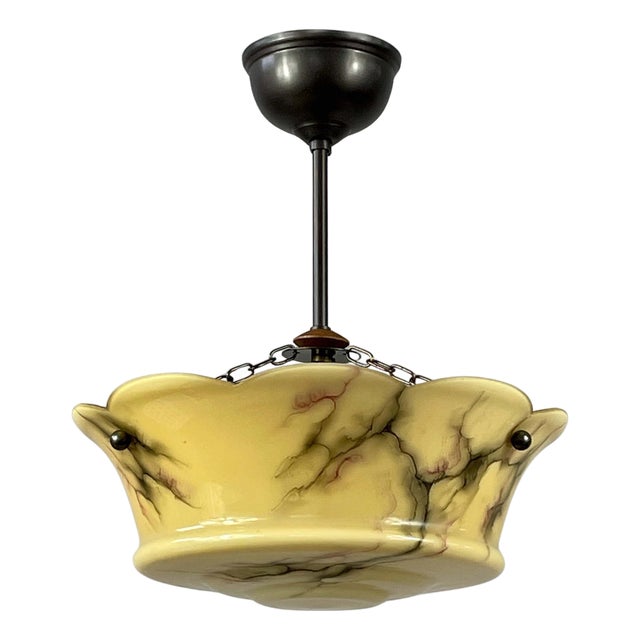 Art Deco Marbled Opaline & Brass Semi Flush Mount, Sweden, 1930s For Sale