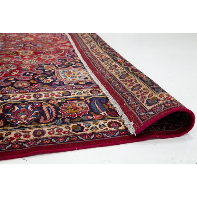 Vintage Mashad Wool Rug Handmade in Red With Rosette Motif From the 1940s For Sale - Image 4 of 10