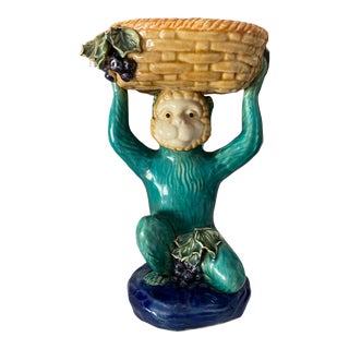 Vintage 20th Century Majolica Style Monkey With Woven Basket Pedestal Bowl For Sale