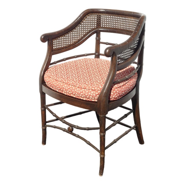 Vintage Polynesian Bamboo Cane Back Barrel Accent Chair W Cane Seat & Cushion For Sale