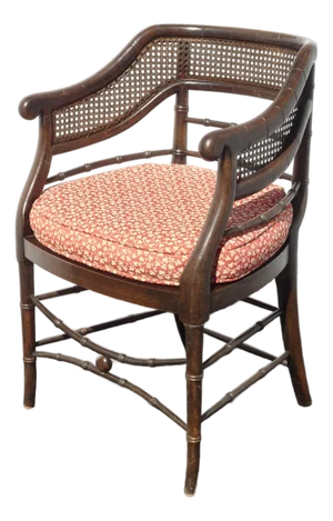 Vintage Polynesian Bamboo Cane Back Barrel Accent Chair W Cane Seat & Cushion