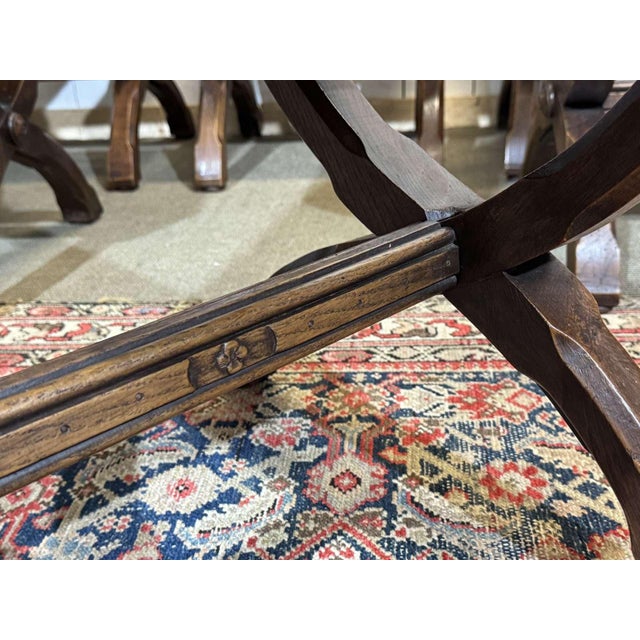 Chairs and Armchairs in Oak and Leather with Gothic Decoration, 1930s, Set of 8 For Sale - Image 9 of 18