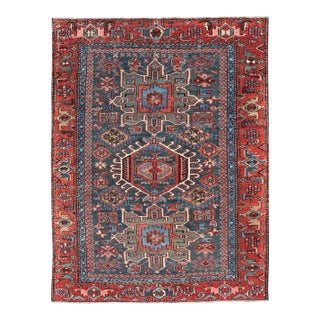 Antique Persian Karajeh Rug With Three Geometric Medallions in Red & Blue For Sale