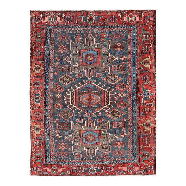 Antique Persian Karajeh Rug With Three Geometric Medallions in Red & Blue For Sale