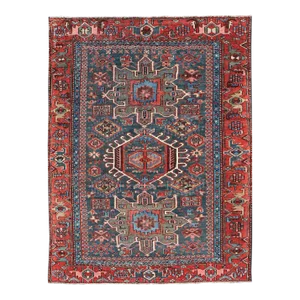Antique Persian Karajeh Rug With Three Geometric Medallions in Red & Blue