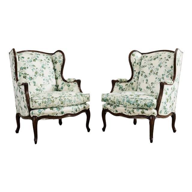Pair of Country French Provincial Walnut Botanical Wingback Chairs For Sale