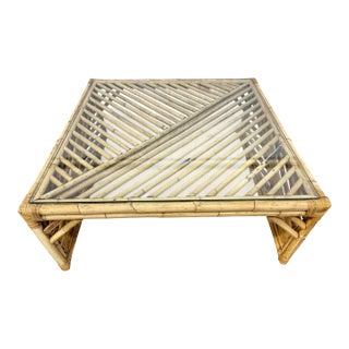 Vintage Bamboo Square Glass Top Coffee Table For Sale