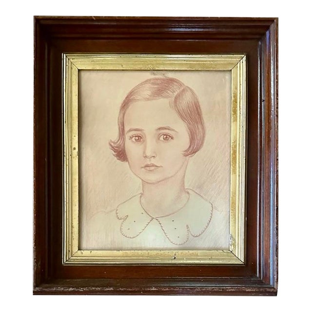 Antique 1920’s Era Portrait of a Girl in an Mahogany and Gilt Well Frame For Sale