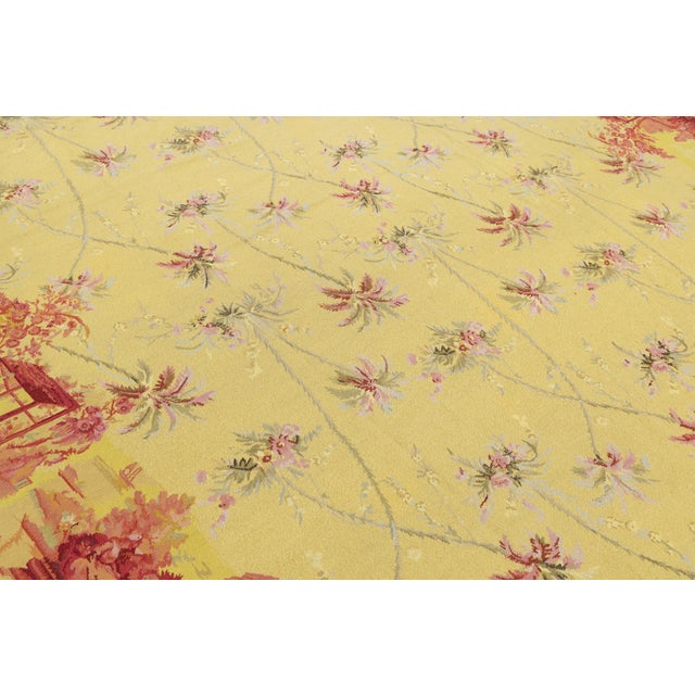 Vintage French Style Needlepoint Yellow Wool Rug With Chinoiserie Toile Border For Sale - Image 11 of 13