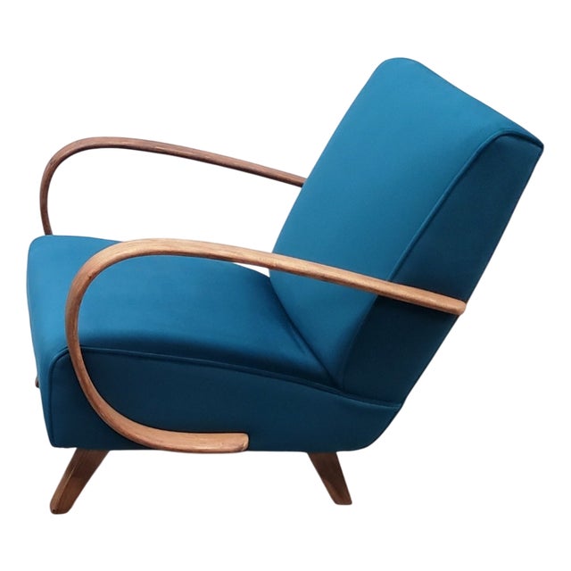 Bentwood Armchair in Teal Velvet by Jindrich Halabala, 1930s For Sale