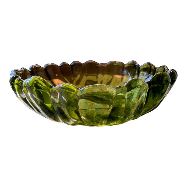 1960s Mid Century Avocado Green Glass Serving Bowl For Sale