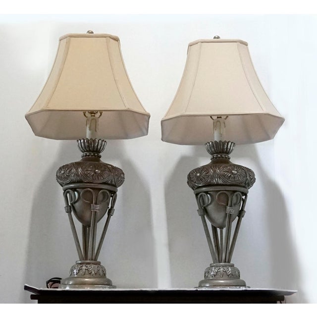 Late 20th Century Neoclassical Silver Tone Gilt Wood Lamps With Lamp Shades - a Pair For Sale - Image 13 of 13