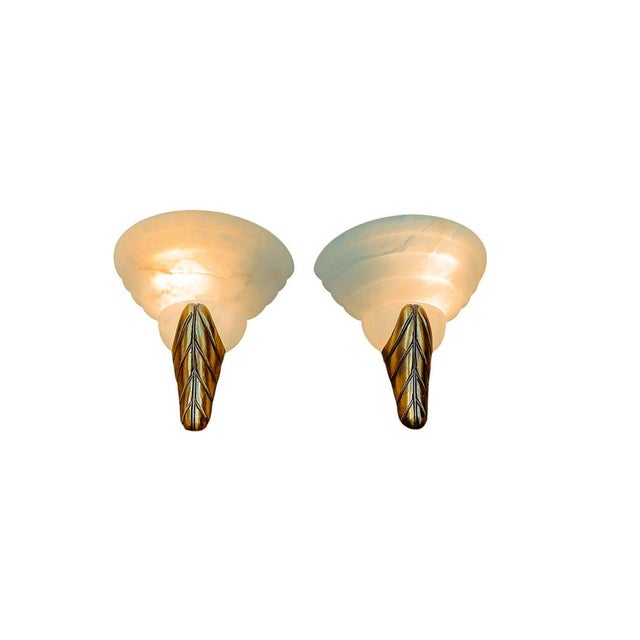 Art Deco Alabaster and Brass Leaf Sconces, 1970s, Set of 2 For Sale - Image 6 of 9