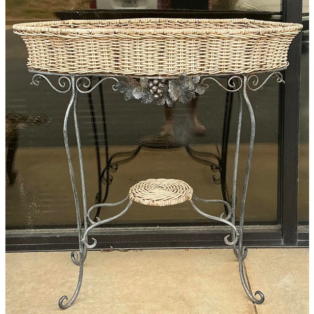 Garden Iron and Wicker Plant Stand Console Table With Mirror & Umbrella Stand For Sale In Atlanta - Image 6 of 10
