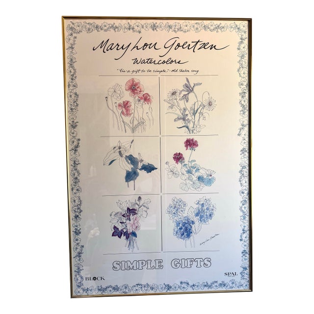 Vintage 1980s Mary Lou Goertzen "Simple Gifts" Framed Botanical Poster For Sale