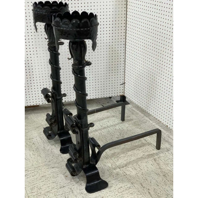 Early 20th Century Large Wrought Iron Tudor Style Andirons - a Pair For Sale - Image 6 of 13
