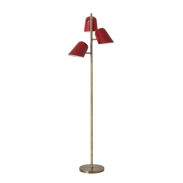 Nova 1960s Mid Century Modern Culver 3-Lighting Tree Brass Floor Lamp - Crimson Red Shades, Weathered Brass For Sale - Image 4 of 8