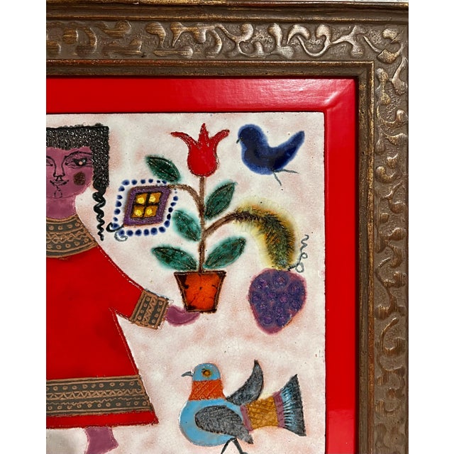 1950s Irene Awret, Girl & Plants Enamel Glazed Ceramic Plaque Israeli Artist Awret Naive Folk Art For Sale - Image 5 of 8